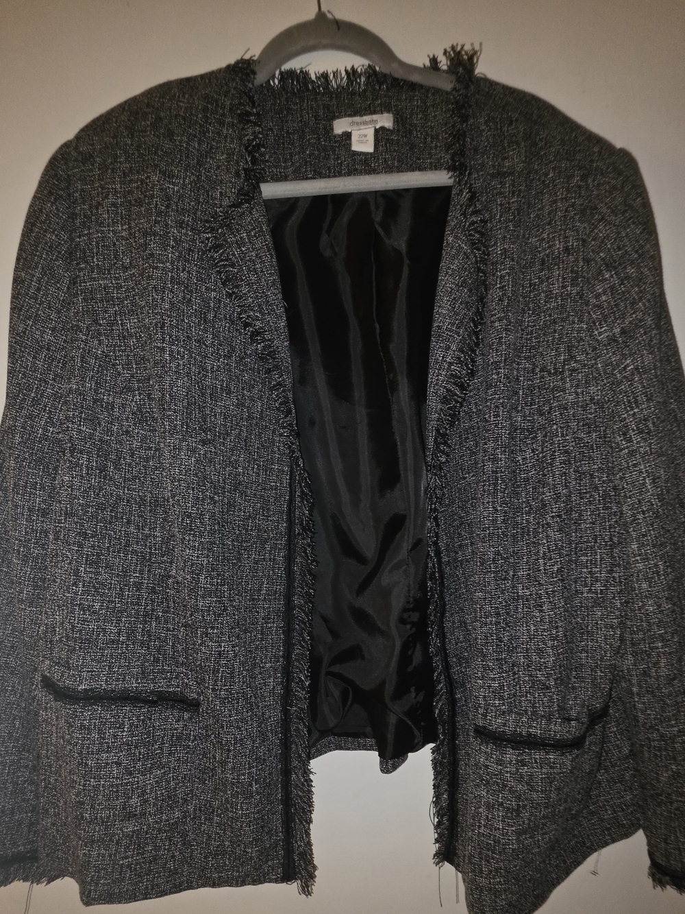 dressbarn Black and Gray Tweed Fringe Open-Front Blazer